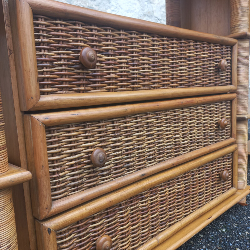 Modular vintage bookcase in rattan