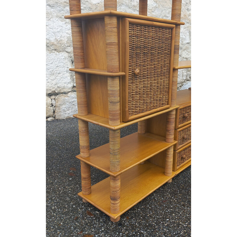 Modular vintage bookcase in rattan