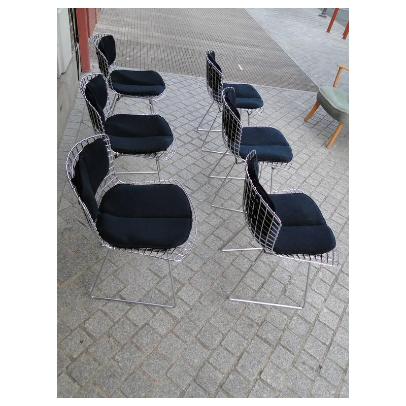 Set of 6 Knoll chairs in steel and black fabric, Harry BERTOIA - 1980s