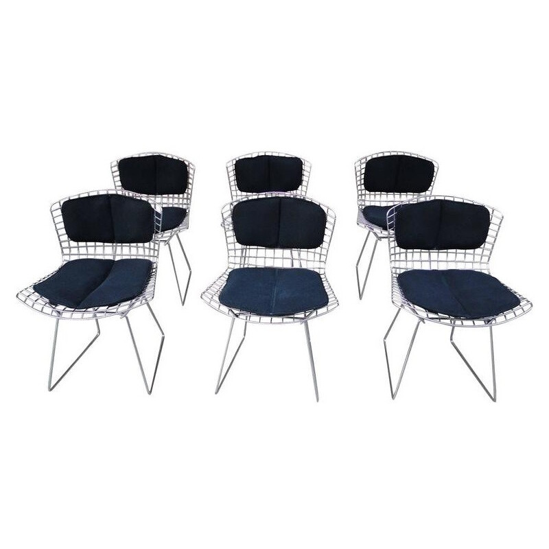 Suite de 6 chaises Knoll en acier et tissu noir, Harry BERTOIA - 1980