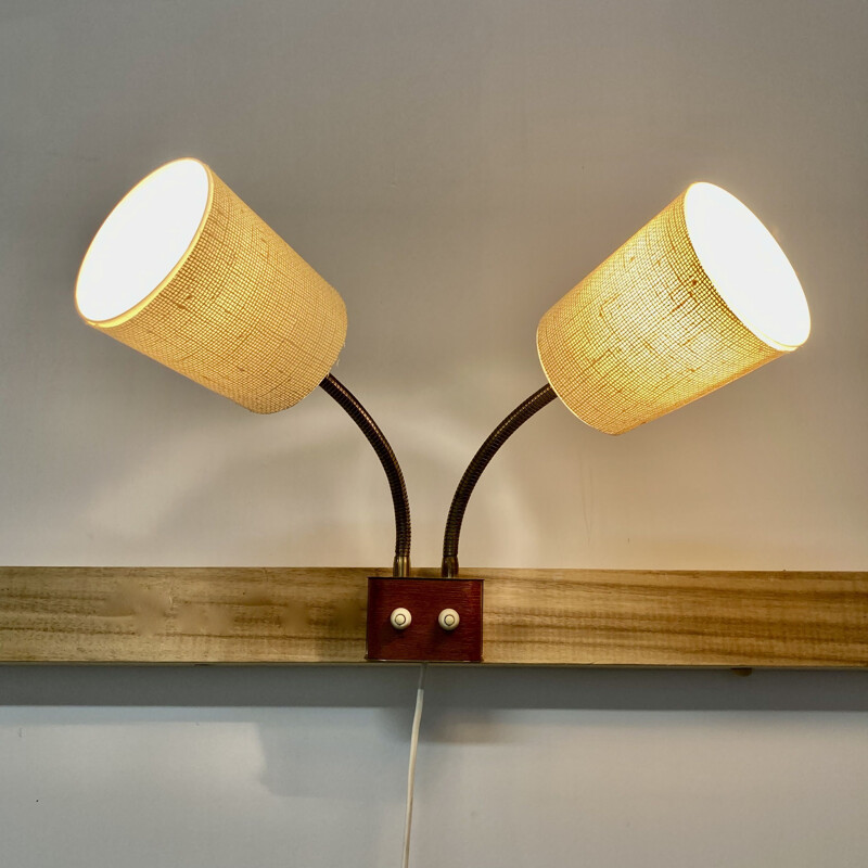 Scandinavian vintage teak double wall lamp, 1950