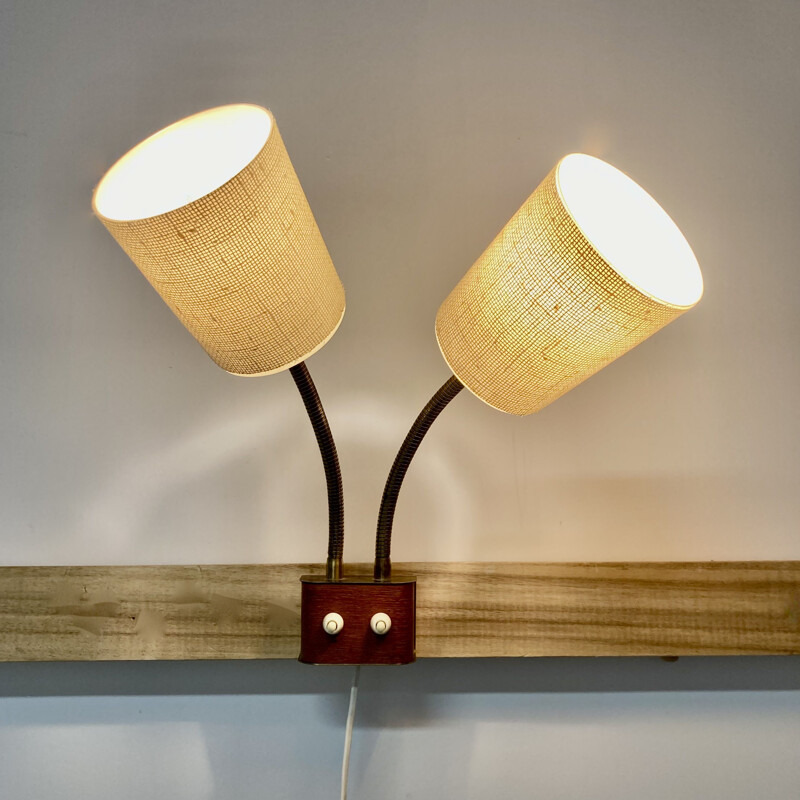 Scandinavian vintage teak double wall lamp, 1950