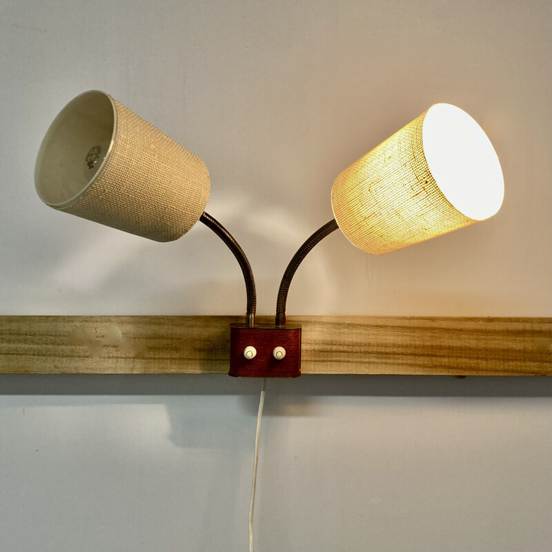 Scandinavian vintage teak double wall lamp, 1950