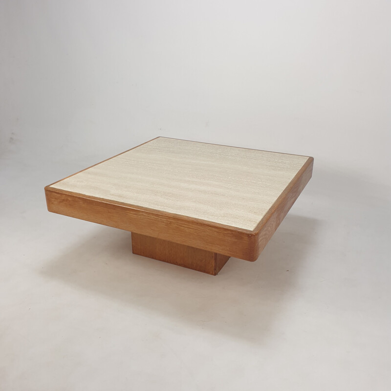 Mid century oakwood with travertine coffee table, Belgium 1970s