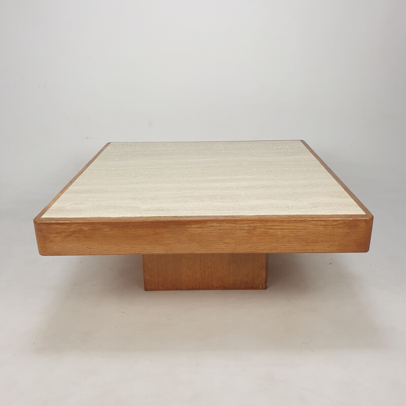 Mid century oakwood with travertine coffee table, Belgium 1970s