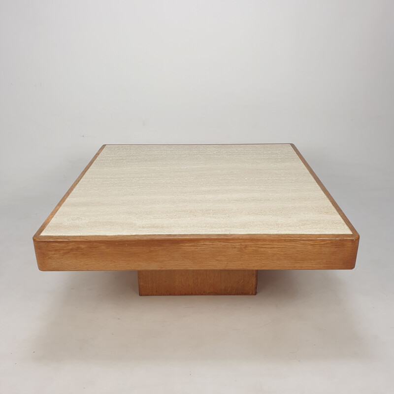 Mid century oakwood with travertine coffee table, Belgium 1970s