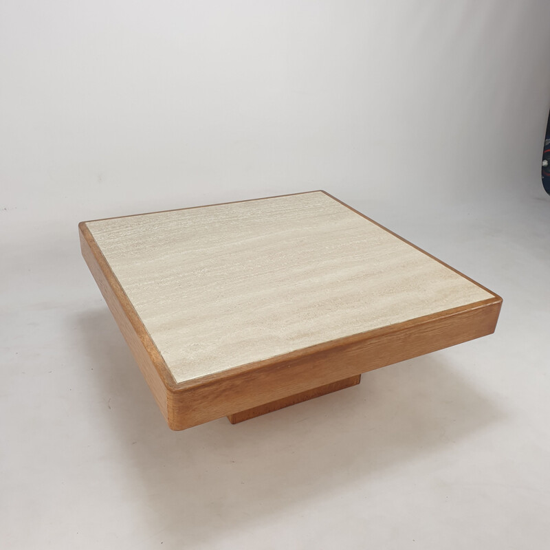 Mid century oakwood with travertine coffee table, Belgium 1970s