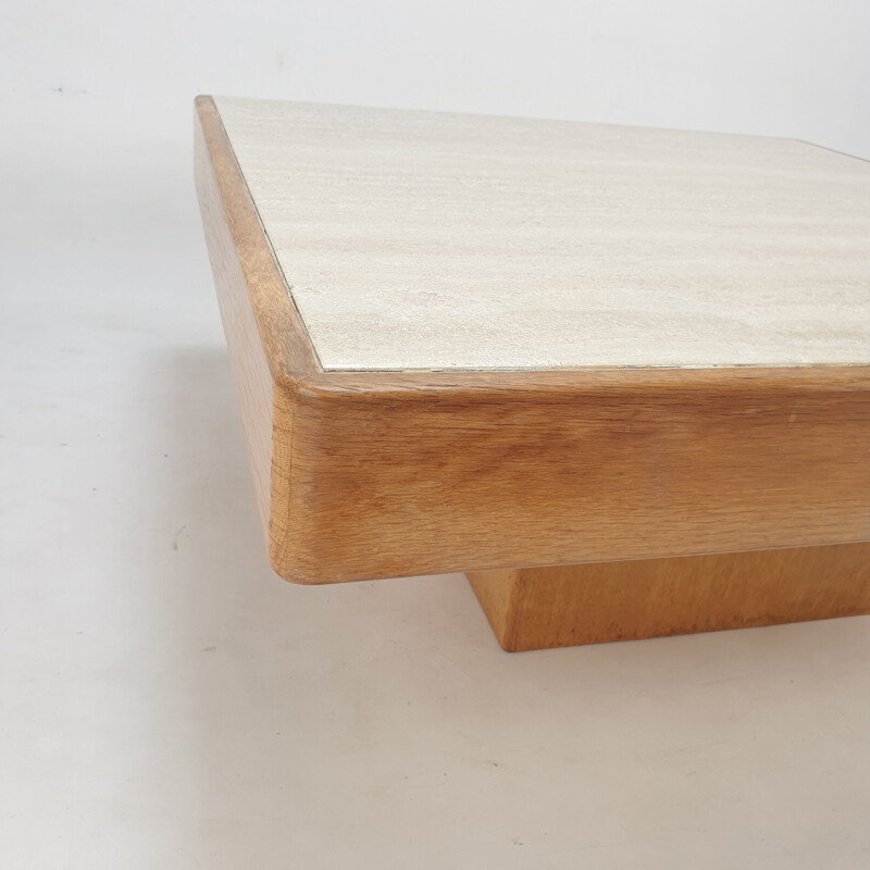 Mid century oakwood with travertine coffee table, Belgium 1970s