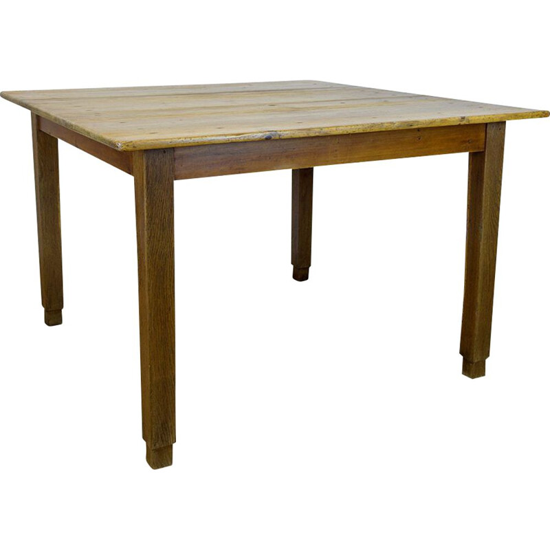 Rustic vintage square dining table, Spain 1930s