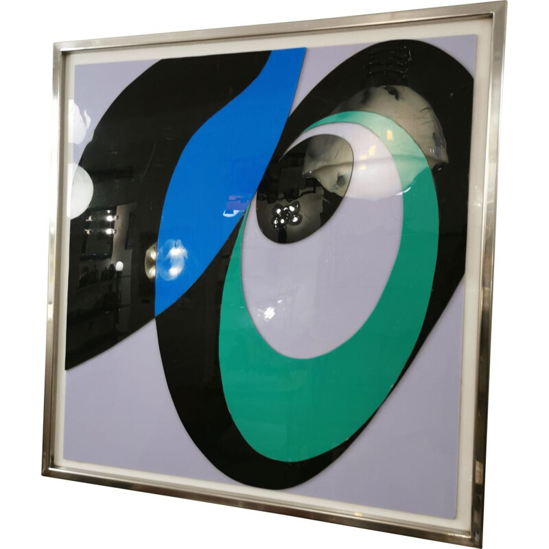 Vintage abstract painting in colored plexiglass in molded and chromed metal, 1970