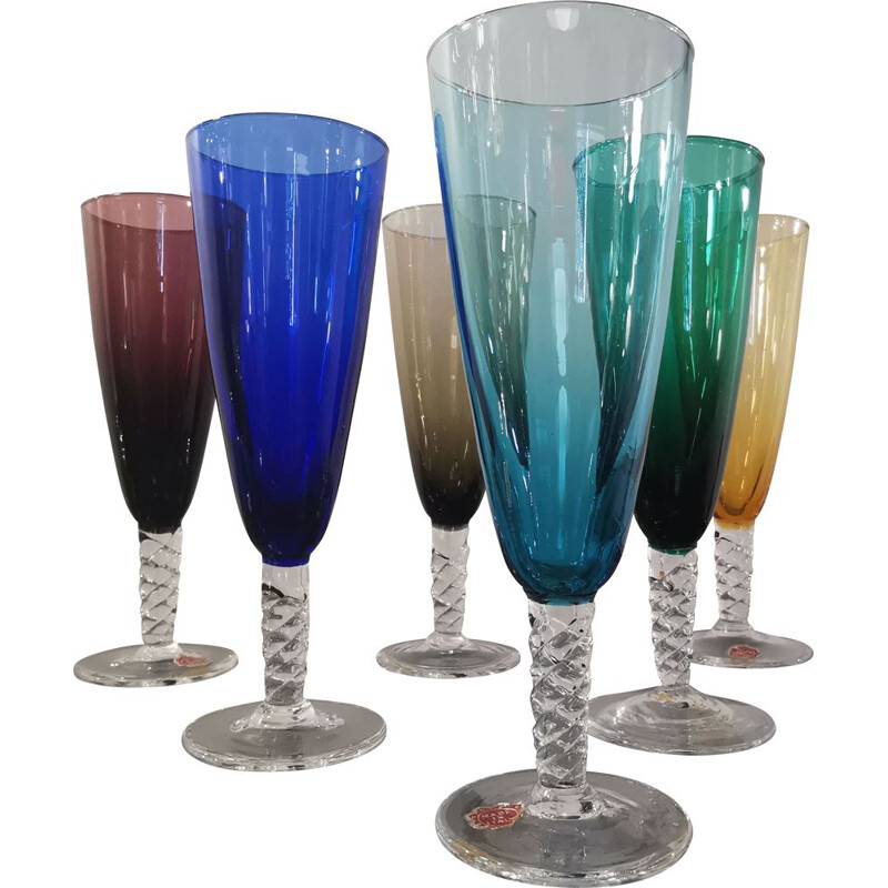 Set of 6 vintage Murano glass champagne flutes, 1960