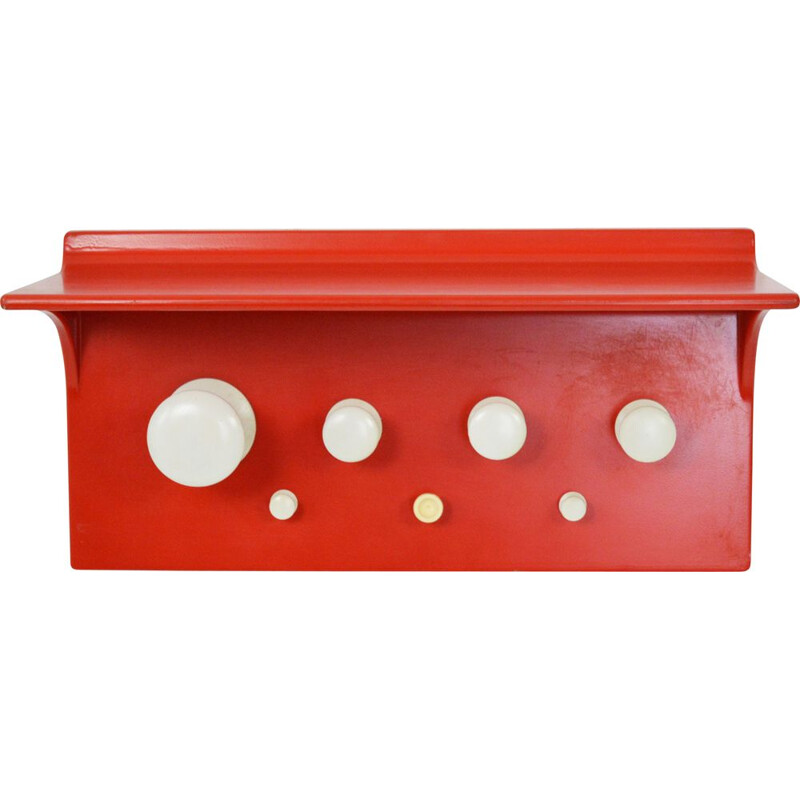 Vintage plastic and wood coat rack painted in red white with shelf, 1970