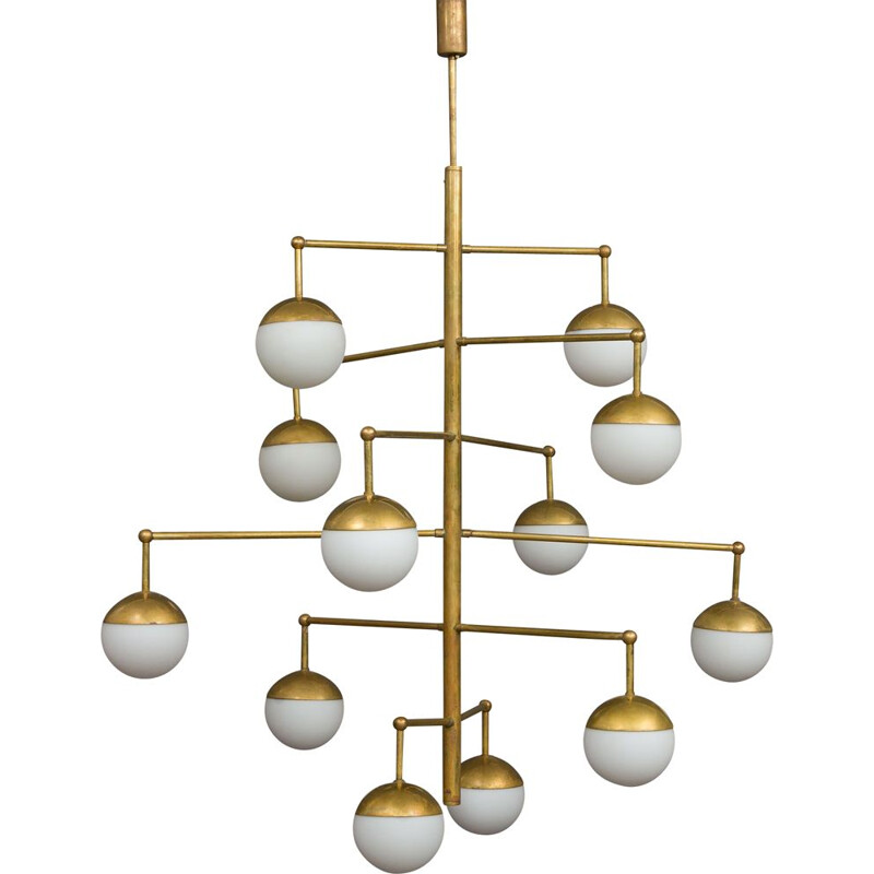 Italian brass mid century chandelier with 12 opaline glass shades, 1970s