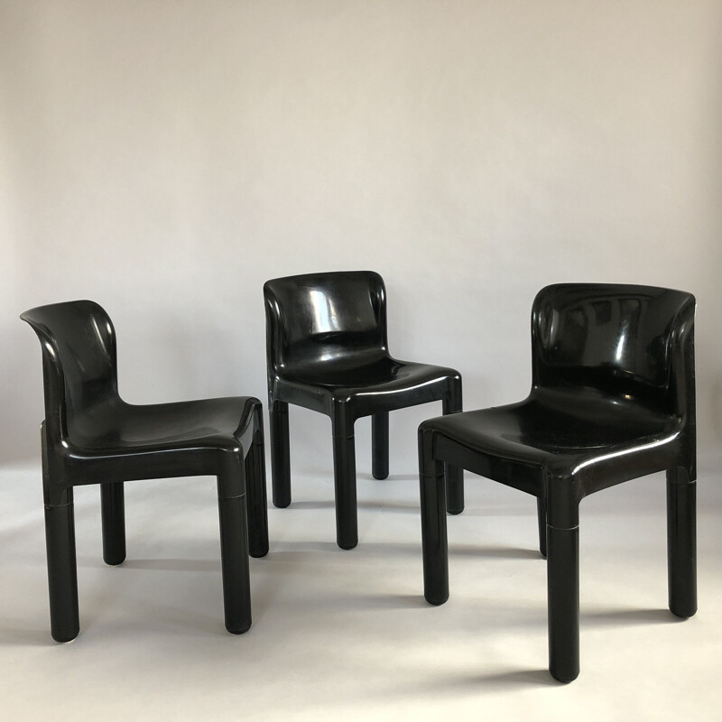 Set of 3 vintage chairs in black polypropylene by Carlo Bartoli for Kartell, Italy 1970