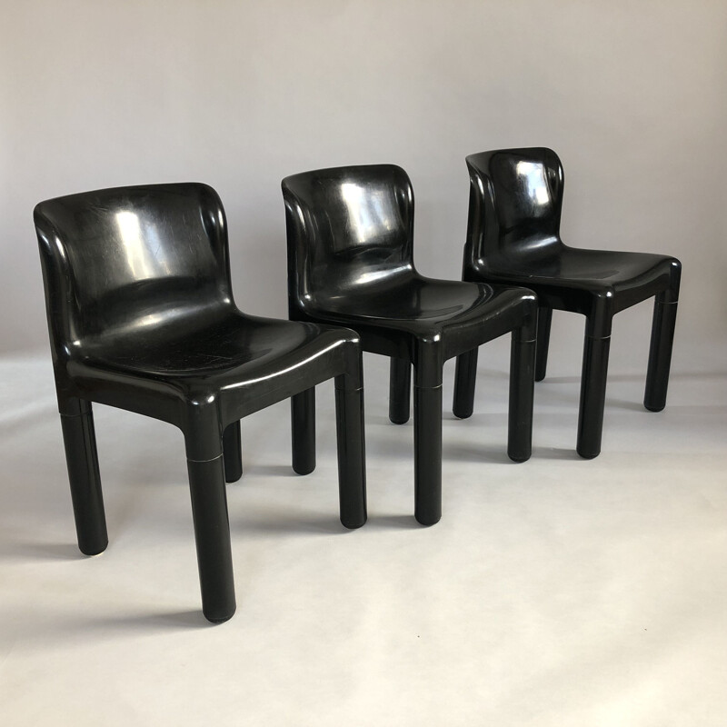 Set of 3 vintage chairs in black polypropylene by Carlo Bartoli for Kartell, Italy 1970