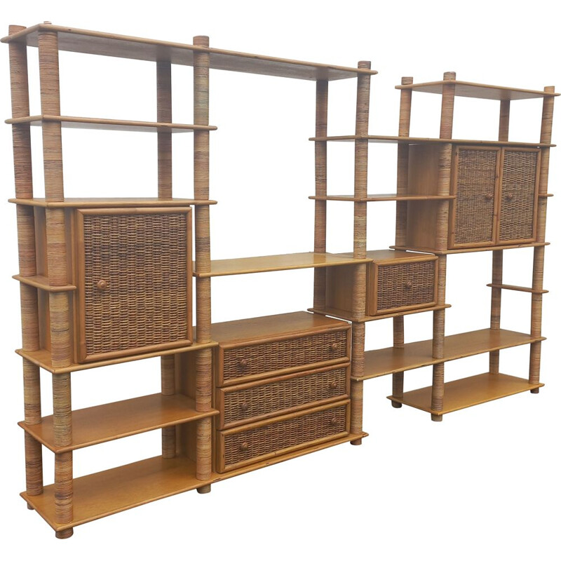 Modular vintage bookcase in rattan