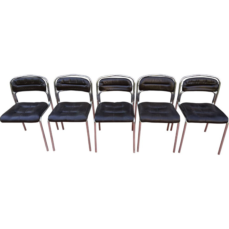 Set of 5 vintage chromed metal and skai chairs, 1970