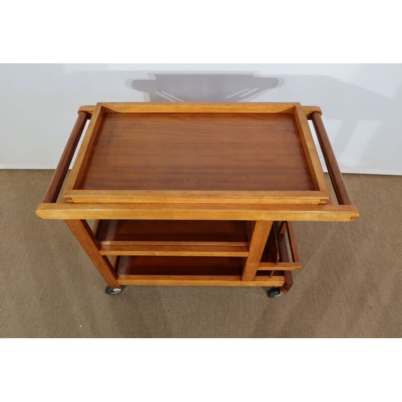 Mesa auxiliar vintage de caoba rubia con ruedas, 1960