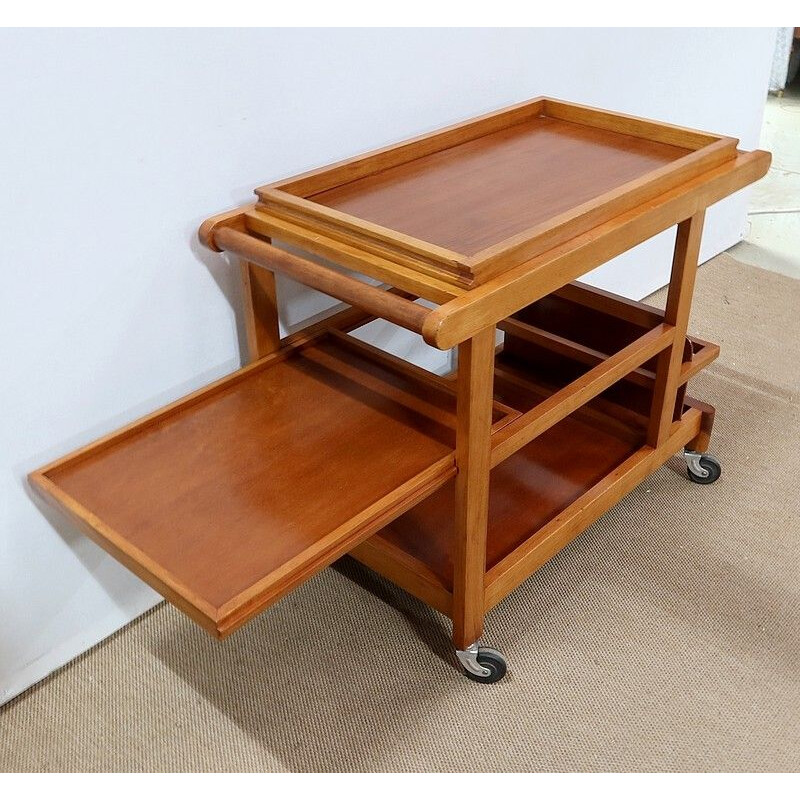 Mesa auxiliar vintage de caoba rubia con ruedas, 1960