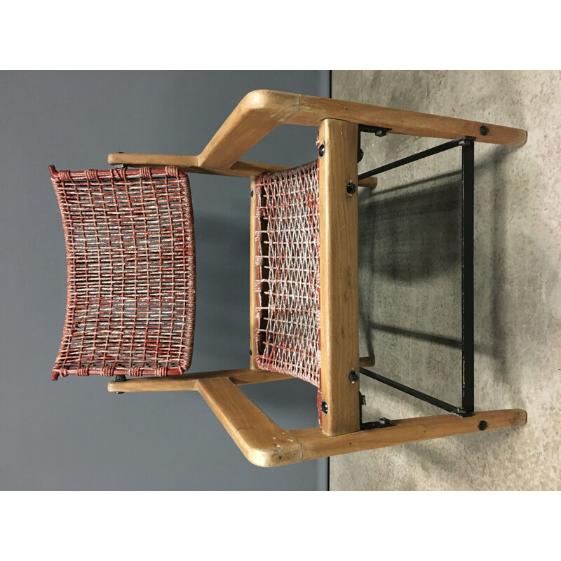 Fauteuil vintage en bois et corde, 1960