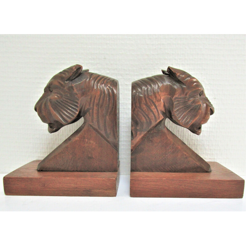 Pair of vintage Art Deco carved wood tiger bookends, 1930-1940