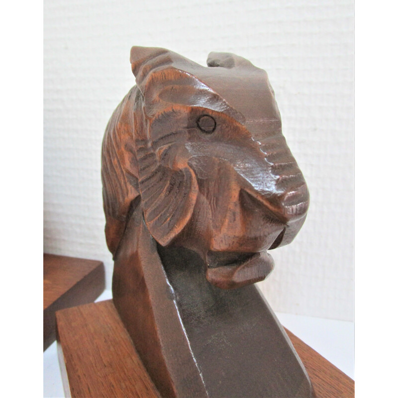 Pair of vintage Art Deco carved wood tiger bookends, 1930-1940