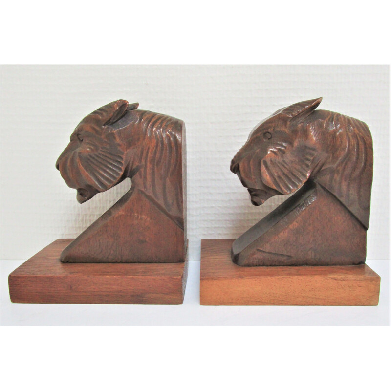Paire de serre-livres tigres Art Déco vintage en bois sculpté, 1930-1940