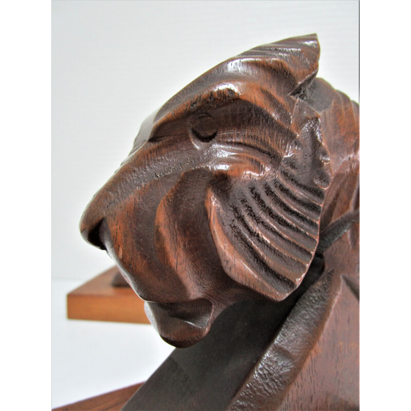 Paire de serre-livres tigres Art Déco vintage en bois sculpté, 1930-1940