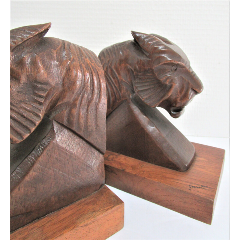 Pair of vintage Art Deco carved wood tiger bookends, 1930-1940