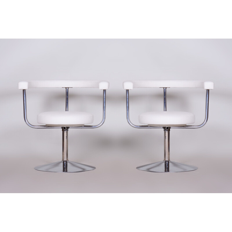 Pair of vintage white swivel leather and steel armchairs, 1940s