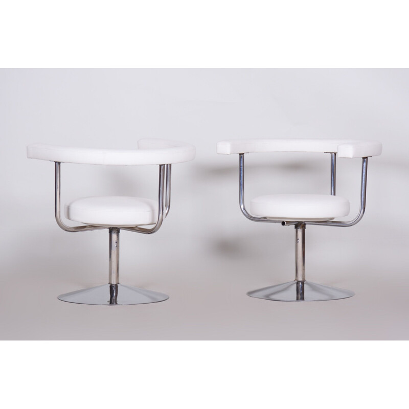 Pair of vintage white swivel leather and steel armchairs, 1940s