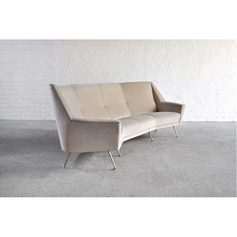 Vintage Italiaanse gebogen bank in beige stof, 1950