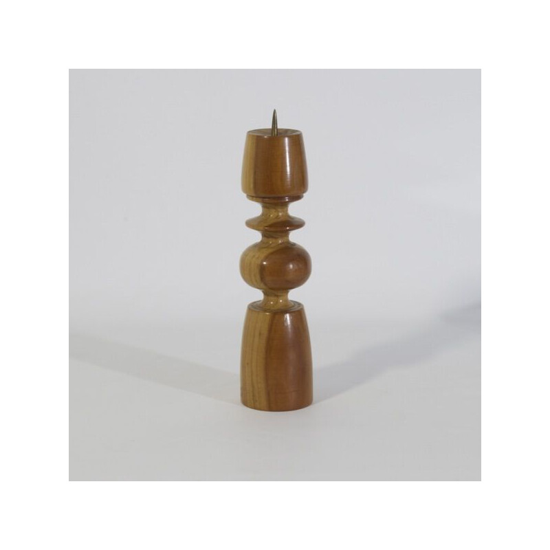 Scandinavian vintage candlestick in solid turned wood and brass