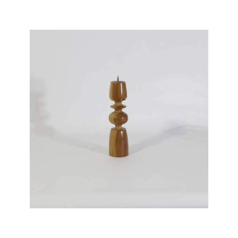 Scandinavian vintage candlestick in solid turned wood and brass