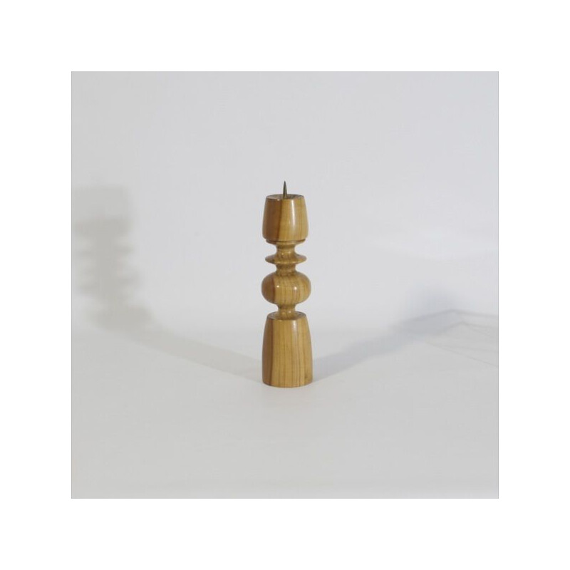 Scandinavian vintage candlestick in solid turned wood and brass