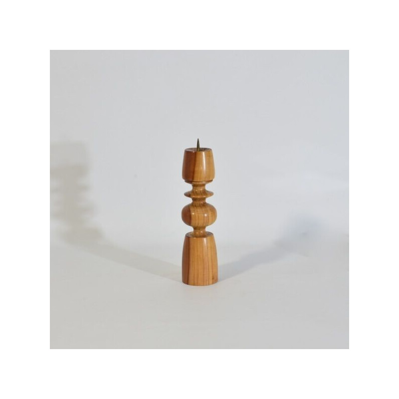 Scandinavian vintage candlestick in solid turned wood and brass