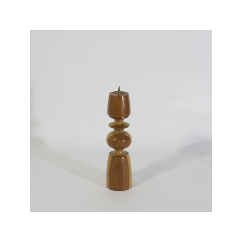 Scandinavian vintage candlestick in solid turned wood and brass