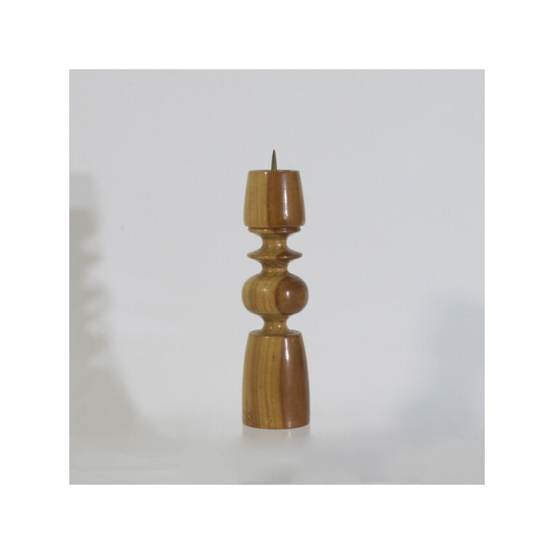 Scandinavian vintage candlestick in solid turned wood and brass