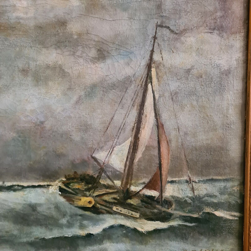 Dutch vintage painting of boats at sea, 1948