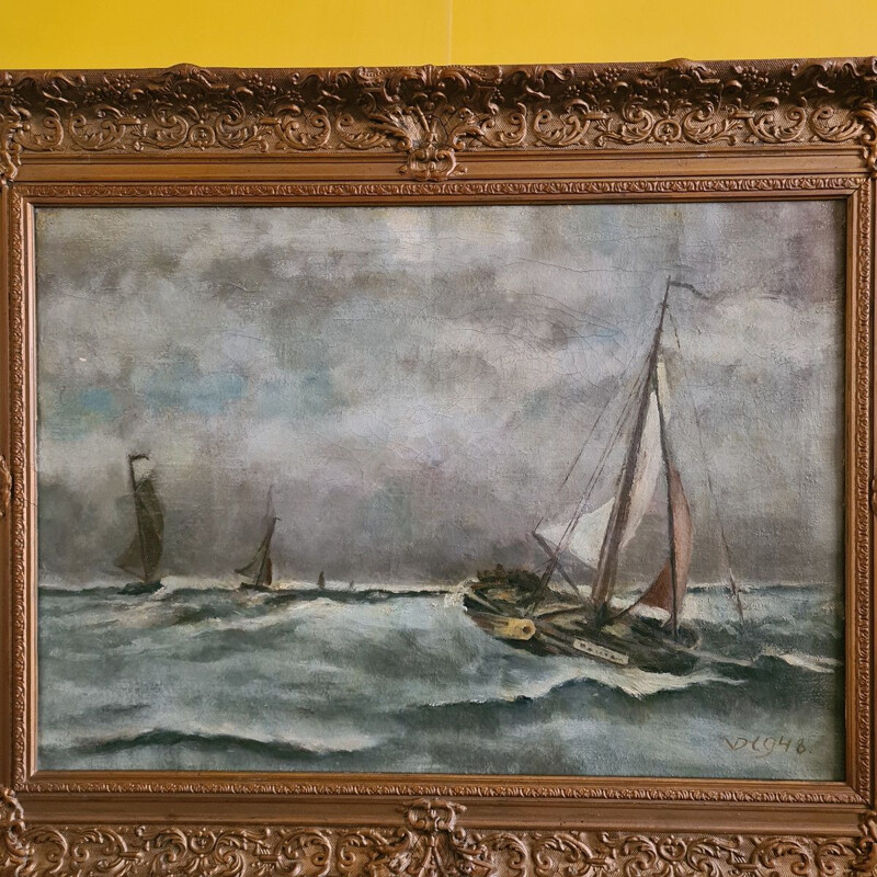 Peinture vintage néerlandaise de bateaux en mer, 1948