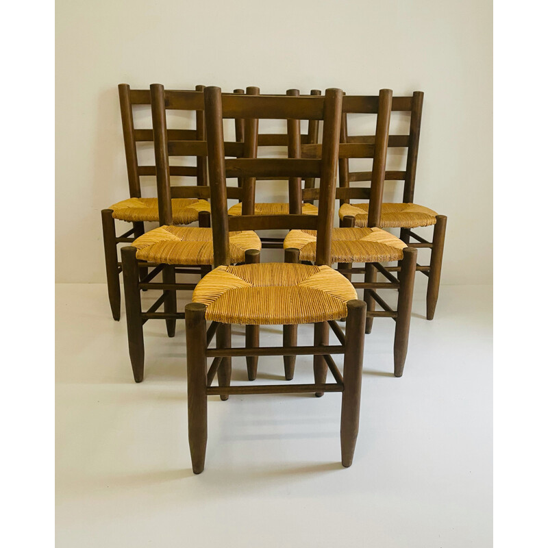 Conjunto de 6 cadeiras vintage em faia e palha tecida, 1960