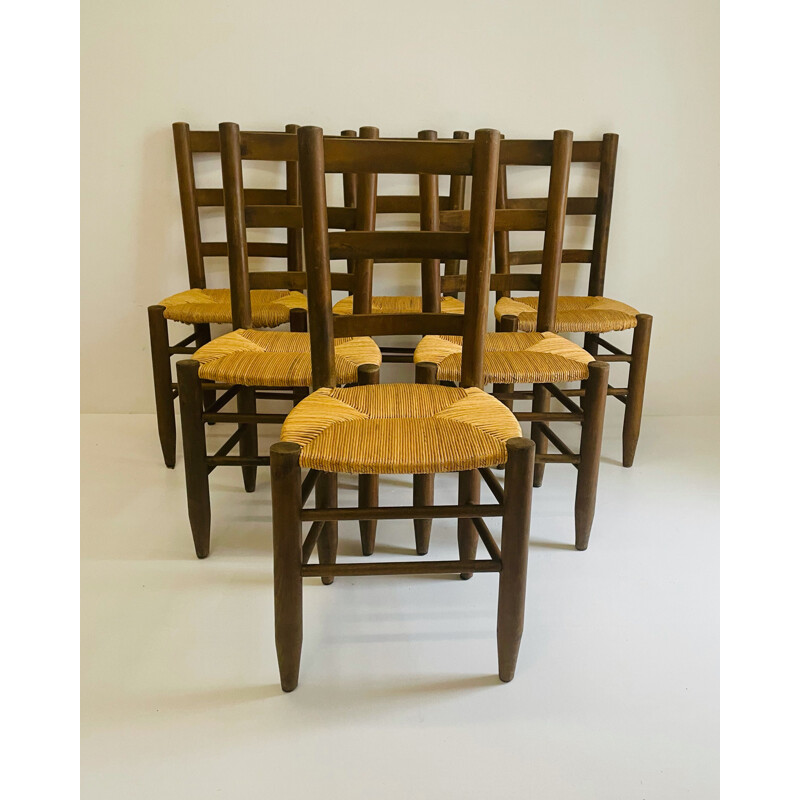 Set of 6 vintage beech and woven straw chairs, 1960