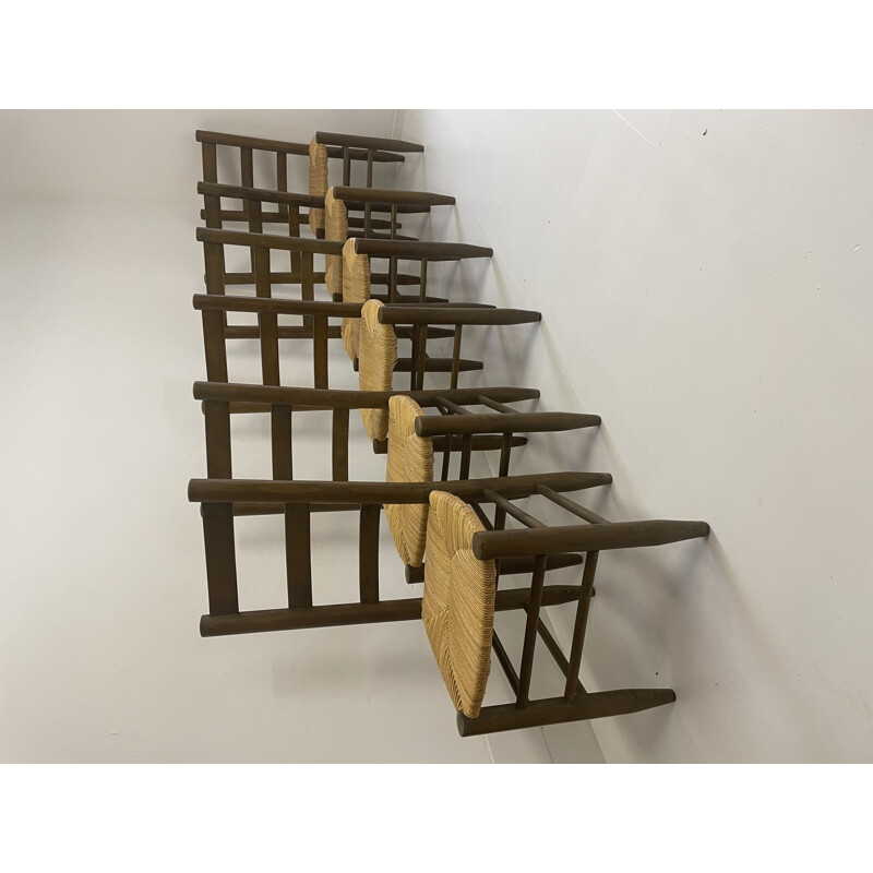 Conjunto de 6 cadeiras vintage em faia e palha tecida, 1960