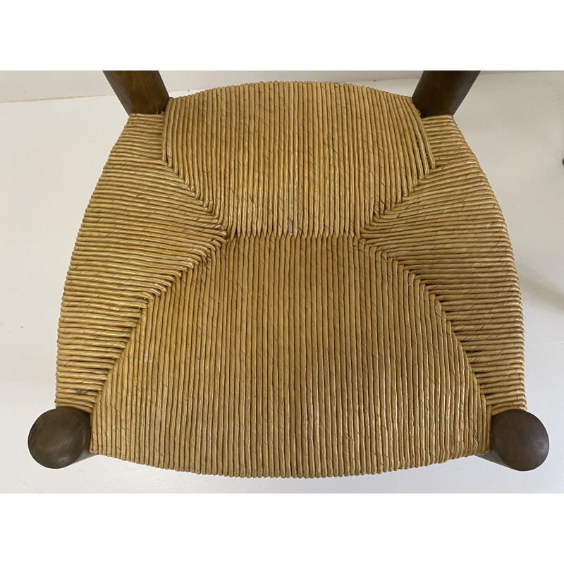 Set of 6 vintage beech and woven straw chairs, 1960