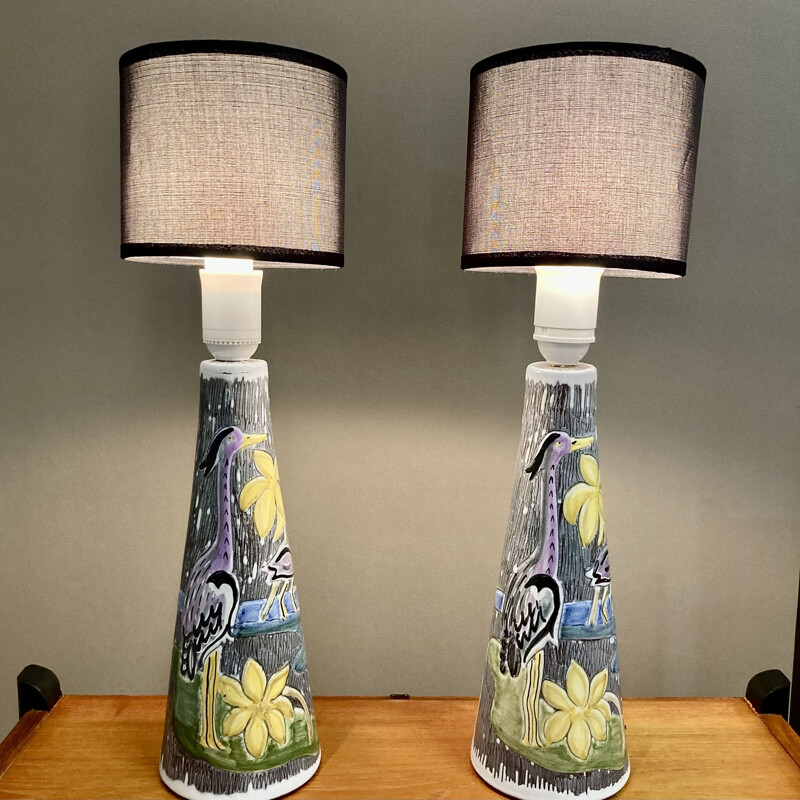 Paire de lampes vintage en céramique et tissu, 1960