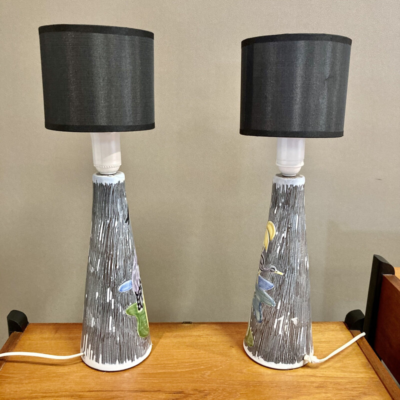 Pair of vintage ceramic and fabric lamps, 1960