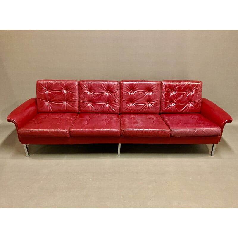 Vintage red leather sofa with 4 seats, 1950