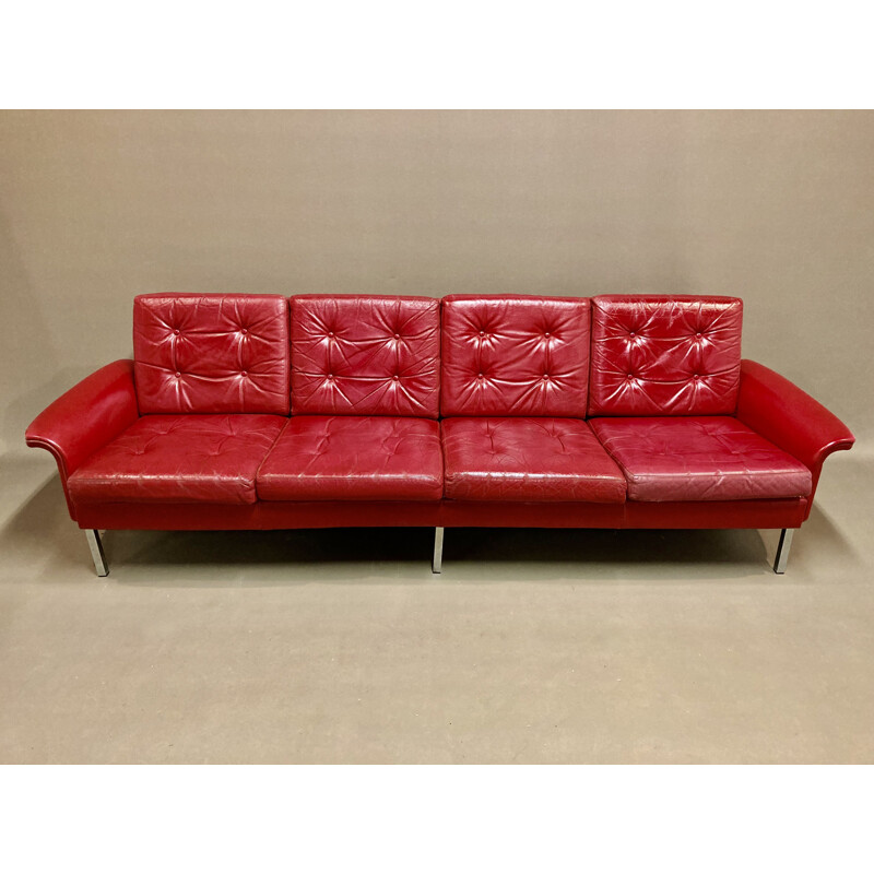 Vintage red leather sofa with 4 seats, 1950