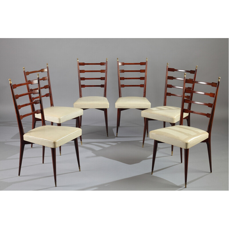 Set of dining table and 6 chairs in mahogany and glass - 1960s