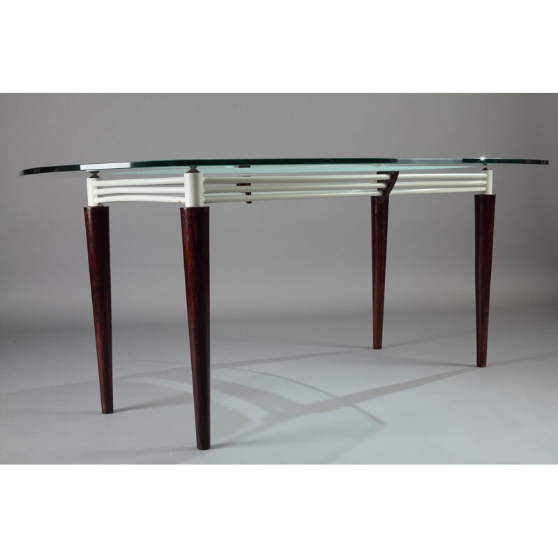 Set of dining table and 6 chairs in mahogany and glass - 1960s